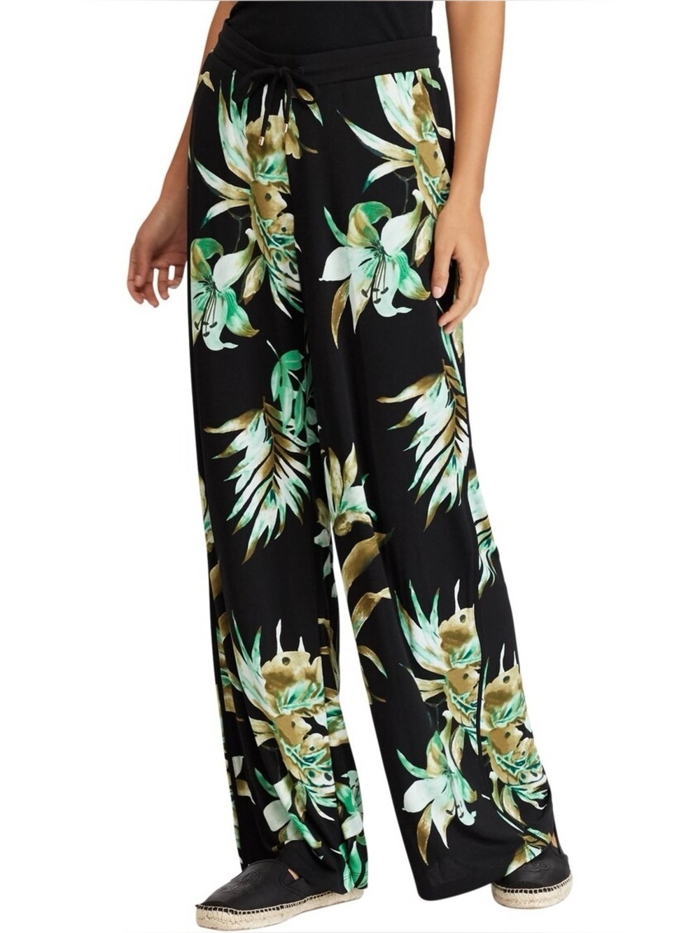 Lauren Ralph Lauren Black Floral Tropical Print Wide Leg Pants Size Medium